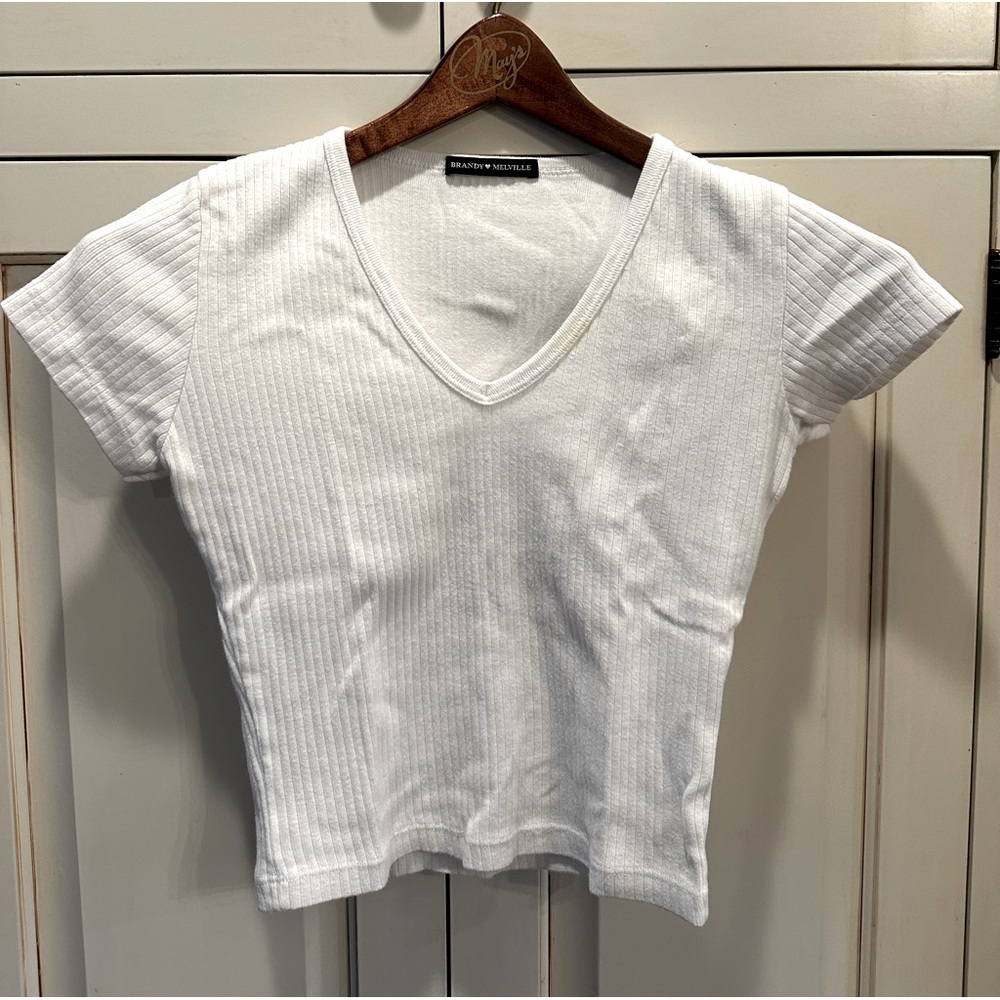 Brandy Melville V-Neck Crop Top - White Ribbed